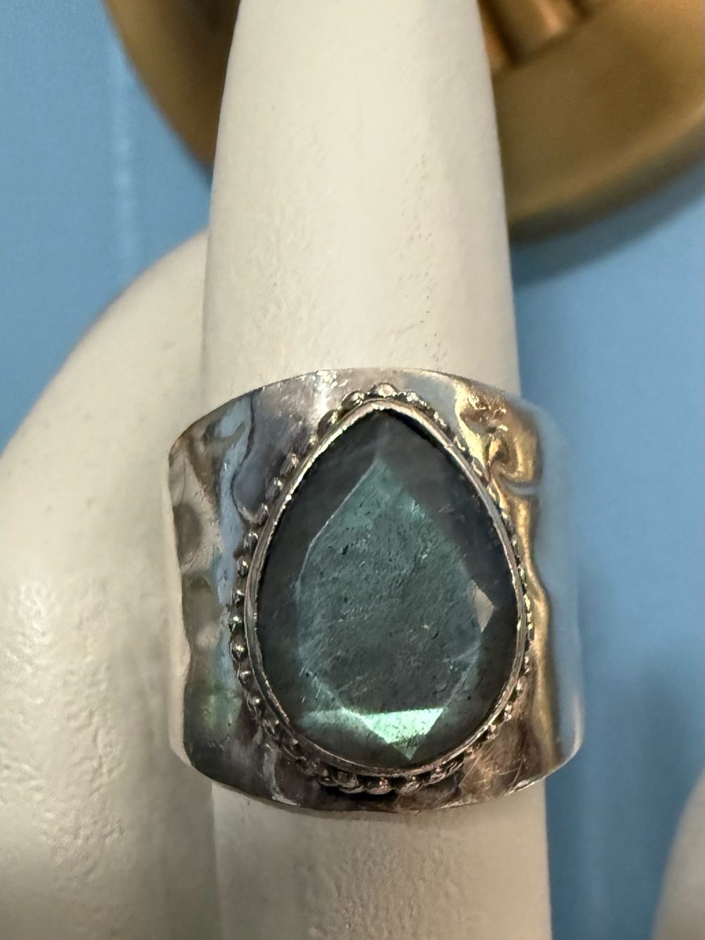 925 Silver Wide Band Ring with Blew Teardrop Stone